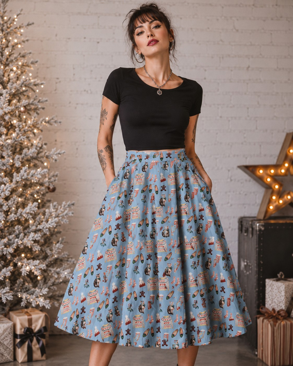 Tulip B Womens Small NWT Blue Christmas Novelty Cat Holiday Full Midi Skirt